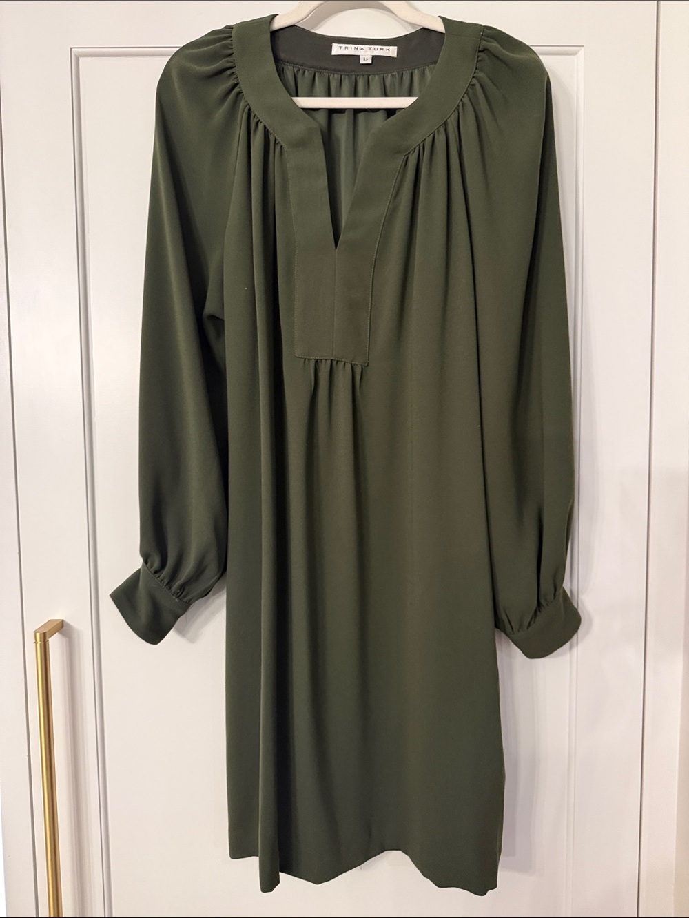 Trina Turk Olive Green Long-Sleeve Pleated Shift Dress